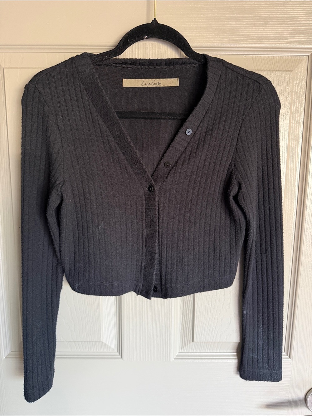 Enza Costa Black Ribbed V-Neck Cropped Cardigan